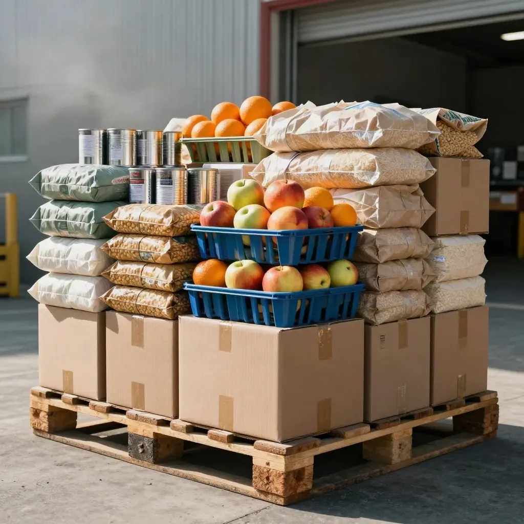 Low-angle view of stacked food-bank crates, tins, pasta and produce on a warehouse pallet.