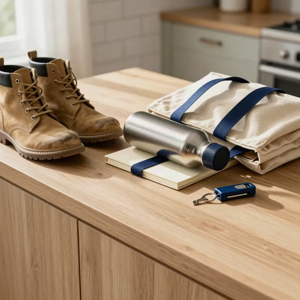 Volunteer kit steps diagonally across a sunlit kitchen counter with boots, tote, bottle, notebook, and key clip.