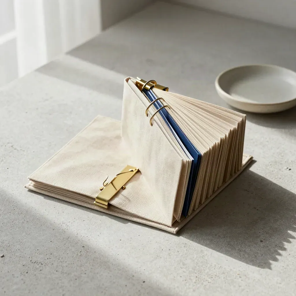 Brass ring binder with fanned tab dividers, linen cloth and ceramic dish on stone
