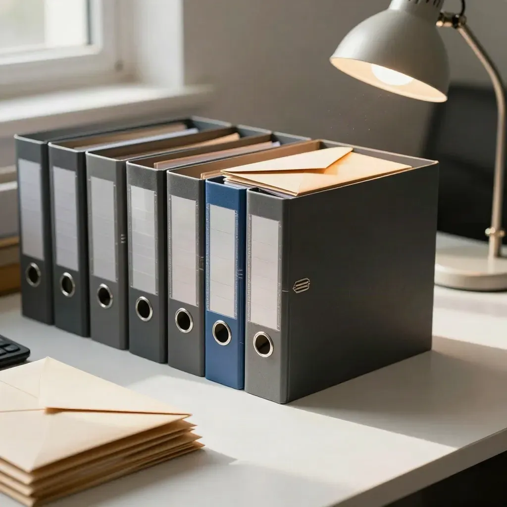 Archive boxes, envelopes, clips and a lamp on a compliance table in soft daylight.